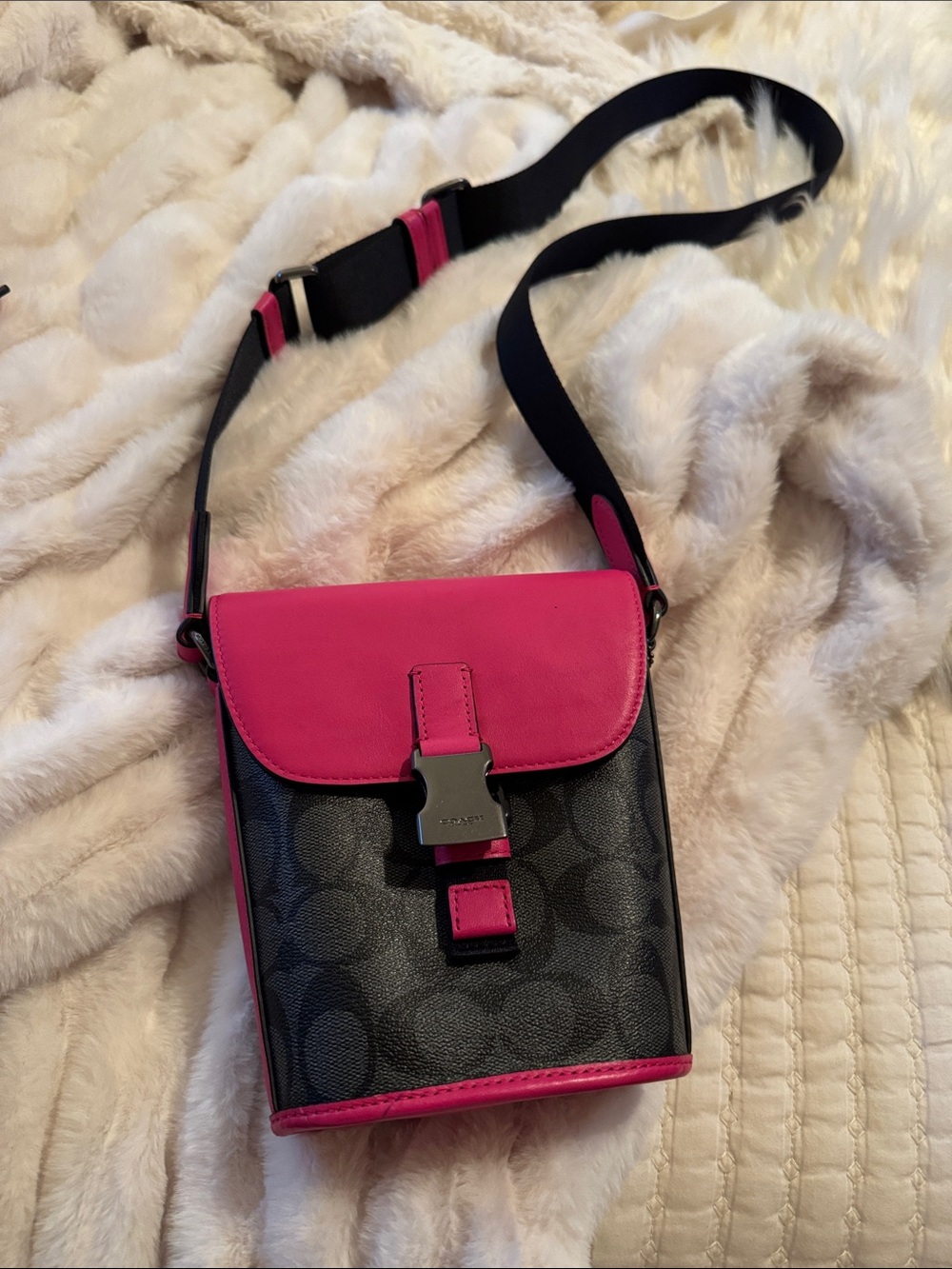 Coach Black Signature Crossbody with Hot Pink Trim